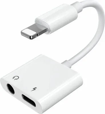 A white adapter with a lightning connector and two ports.