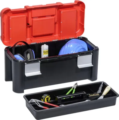 A black and red tool box with a red lid open, showing various tools and safety equipment inside. A separate tray of tools is shown in the foreground.
