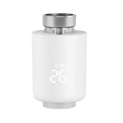 A white smart thermostat for a radiator, displayed on a white background.