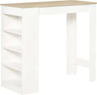 Image de HOMCOM Table de bar pour 2 personnes, table haute mange debout avec 4 étagères ouvertes, pour petits espaces, cuisine, salon, 115 x 50 x 102,7 cm, style moderne, blanc et bois naturel