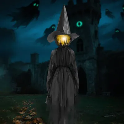 Productafbeelding van Halloween-decoratie in heksvorm, geschikt voor buitengebruik. Uitgerust met geluidssensoren, waterdicht en in groot formaat. Ideaal voor Halloween-decoratie in de tuin of op het gazon. 1 stuk