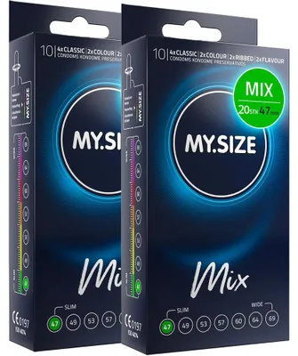 Zdjęcie produktu dla Prezerwatywy MY.SIZE Mix, 20 sztuk – 47 mm, wąski krój | Warianty: niebieskie, czerwone o smaku truskawkowym, żebrowane, naturalne | Prezerwatywy najwyższej jakości | Niemiecka marka | Grubość ścianki 0,07 mm | Z naturalnego lateksu kauczukowego, nawilżone, z rezerwuarem | Prezerwatywy dla mężczyzn o wąskim obwodzie