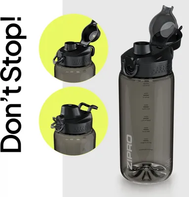 A close-up view of a water bottle with two inset images showing the lid mechanism.