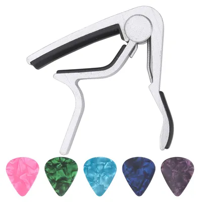 Image de 1 capodastre, 5 médiators en celluloïd, accessoires pour la réparation d'instruments à cordes en alliage de zinc (argent)