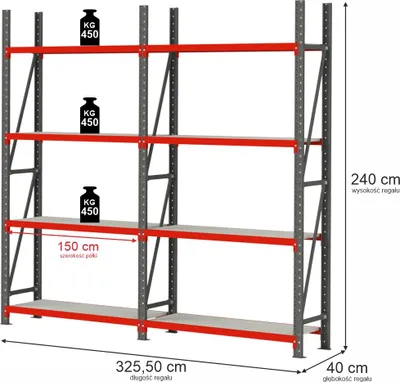 Zdjęcie produktu dla Regał magazynowy metalowy zestaw dwa moduły 8-półkowy Mega-M FORTIS 240x325,5x40cm
