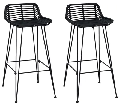 Image de Lot de 2 tabourets de bar, noir, 44 x 46 x 91 cm, rotin et acier