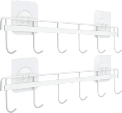 Produktbild von Selbstklebende Wandhakenleiste für Küche und Bad, platzsparender Utensilienhalter, bohrfrei, mit 6 Haken, 2er-Packung