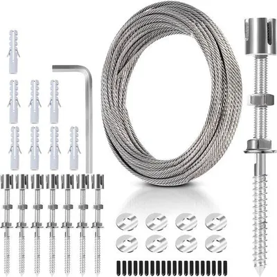 Produktbild von Klimhilfe aus Edelstahl für Pflanzen - 12m - Edelstahl-Seil - professionelles Set mit Wandhaltern und 3 mm Stahlseil - 8 Halter