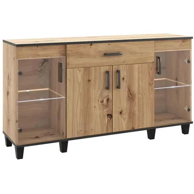 Produktbild von Kommode P3, Sideboard mit LED-Beleuchtung & 2 Glastüren & 2 Holztüren & Schublade, Eiche Artisan, Loft Stil