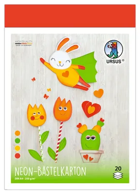 Zdjęcie produktu dla Ursus 478 46 99 - Karton neonowy, 20 arkuszy, format DIN A4, gramatura 250 g/m², karton do rękodzieła w 4 kolorach