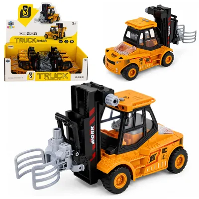 Produktbild von Baufahrzeug-Gabelstapler mit verstellbaren Greiferlichtern, klingt gelb, 1:43, KI-generiertes Bild