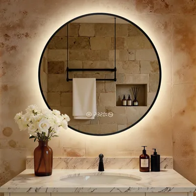 Immagine prodotto di S'AFIELINA Specchio da bagno LED Rotondo 80cm, touch, antiappannamento, dimmerabile, orologio, temperatura, memoria, Nero