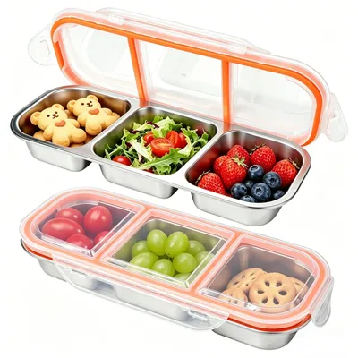 Snackbox aus Edelstahl, 2er Set, 3 Fächer, 600 ml, auslaufsicher