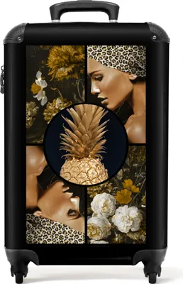 Produktbild von NoBoringSuitcases.com® Koffer Handgepäck Trolley Rollkoffer Kleine Reisekoffer mit 4 Rollen - Frau - Blumen - Gold - Collage - Ananas - Cabin Size < 55x40x23 cm & 55x40x20 cm - Fotokoffer - Kabinenkoffer - BoardgepäckHandgepäck Koffer 55x35x20 cm, 36L,