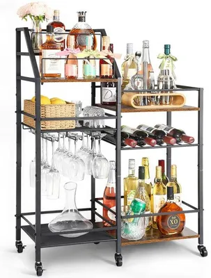 Produktbild von Azomor® Freistehender Weinschrank mit Flaschenregal und fahrbarem Barwagen für elegante Hausbar