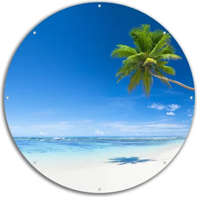 Produktbild von Wallario rundes Outdoor-Poster für Garten oder Balkon, Motiv Weißer Sandstrand am Meer - Ein Traum unter Palmen, 60 cm Durchmesser