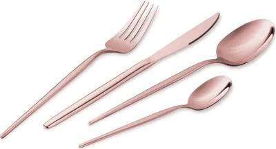A set of rose gold cutlery, including a fork, knife, and two spoons, arranged diagonally on a white background.