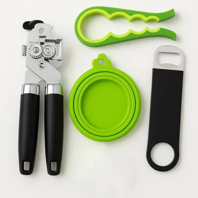 Produktbild von Dosenöffner 4-in-1 Set - Mit Flaschenöffner Glasöffner und Silikon Dosendeckel - Ergonomischer Griff - 4-teilig