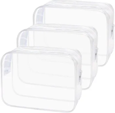 Produktbild von 3er-Set TSA-e durchsichtige Reise-Beutel, durchsichtige Flüssigkeitsbeutel für Kosmetik, transparent und klar.