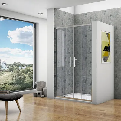 A modern bathroom with a large window overlooking a green landscape, featuring a sleek shower cabin.