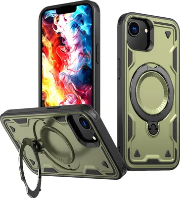 Produktbild von Dual Layer Hülle für iPhone 16e/iPhone 17e mit Ring Ständer Magnetisch Stoßfest Handyhülle Grün