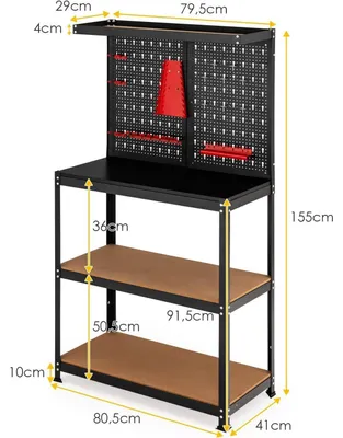 Image de Table de travail – Établi – Table utilitaire en métal – 3 étagères et 13 crochets – Noir
