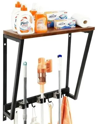 Zdjęcie produktu dla Uchwyt ścienny na miotłę 4 haki 3 klipsy metal drewno garaż