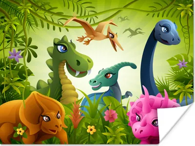 Produktbild von MuchoWow® Poster Dinosaurier - Tiere - Dschungel - Illustration - Baby - Jungen - Mädchen - Kinder 40x30 cm - Plakate für die Wände - Poster Wohnzimmer