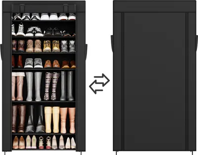 A black shoe rack with multiple shelves filled with shoes and boots, shown next to a closed black shoe rack.