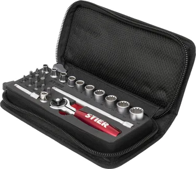 Produktbild von STIER Steckschlüssel- und Bit-Satz, 24-teilig, 1/4 Zoll, Multifunktions-Umschaltknarre, Pozidriv-Bit, Innensechskant-Bit, Torx-Bit, in Handwerkertasche