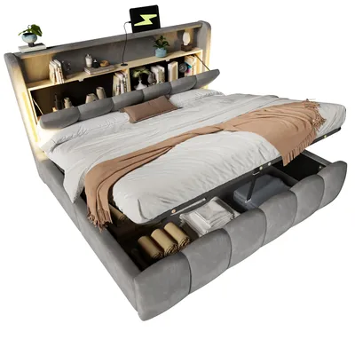 Produktbild von Polsterbett mit Stauraum, RGB LED-Streifen, Lattenrost, Regal, Aufbewahrung,  USB und Type-C, gepolsterter Kopfteil, 180x200 cm, Stauraumbett, Samt