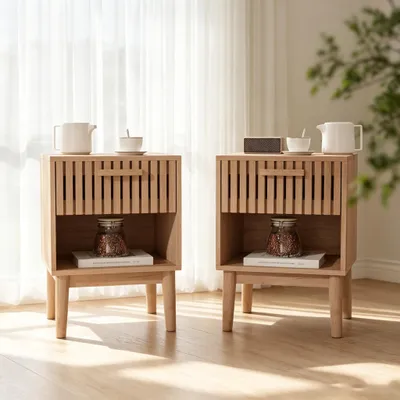 Immagine prodotto di Set da 2 comodini INONEFT con cassetto e ripiano aperto, tavolino con gambe in legno, ideale per camera da letto o soggiorno, dimensioni 40x30x55 cm, colore legno