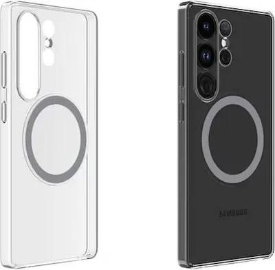 Two phone cases are shown side-by-side against a white background. The case on the left is clear, and the case on the right is black and has a phone inside.