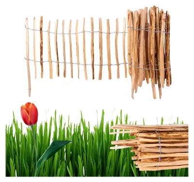 Produktbild von Staketenzaun 50 cm hoch, 5 m lang, Lattenabstand 4-5 cm, Gartenzaun, Beetumrandung, Haselnuss Holz, Steckzaun