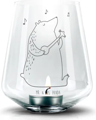 Produktbild von Mr. & Mrs. Panda gravur glas Bär Gitarre - Transparent - Geschenk, Teelichthalter, Teddy, Laterne, Windlicht, kerzenhalter