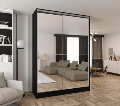 Produktbild von Schwebetürenschrank 2-türig 100x250x58 cm Schwarz mit 2 Spiegeln und 2 Schubladen – Moderner Kleiderschrank für Schlafzimmer und Flur