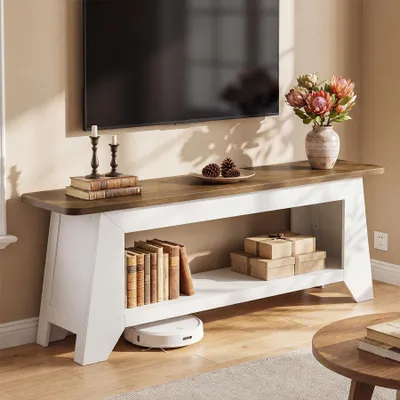 Image de Meubles TV de style rustique, meubles TV pour téléviseurs de 55, 65 et 70 pouces, meuble TV bas de 160 cm de large avec espace de rangement, console TV longue