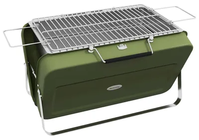 Productafbeelding van Zimilo Draagbare houtskoolbarbecue, groen, inklapbare metalen barbecue met roestvrijstalen rooster, 32 x 20 cm grilloppervlak, ideaal voor picknicks, balkons en tuinen