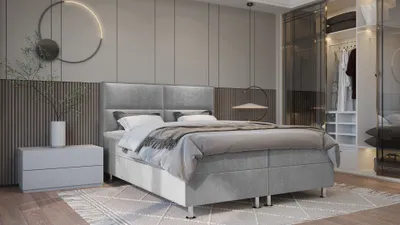 Produktbild von SALES LEADER Boxspringbett BOGOTA 200x200 cm Polsterbett mit zwei Bettkästen, Komplett-Set mit Matratze und Topper (4cm), Hellgrau, Bett Stoff ELEMENT 24
