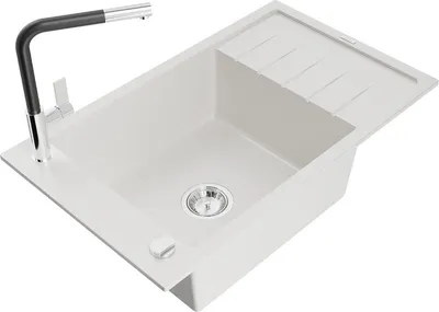 Produktbild von Mexen Elias 1 Becken-Granitspüle mit Abtropffläche und Mischbatterie Flora, Weiß - 6511-20-670401-07