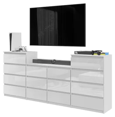 Produktbild von Kommodenset Weiß Matt / Weiß Hochglanz mit 14 Schubladen (4+6+4) – Großes Sideboard Set für Schlafzimmer & Wohnzimmer – GABRIEL