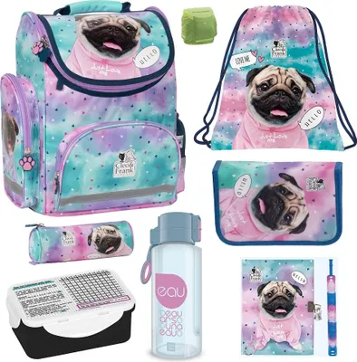 Produktbild von Mädchen Schulranzen 1. Klasse ergonomischer Tornister Sweet Puppy 8 tlg. mit Federmappe Mops Hunde