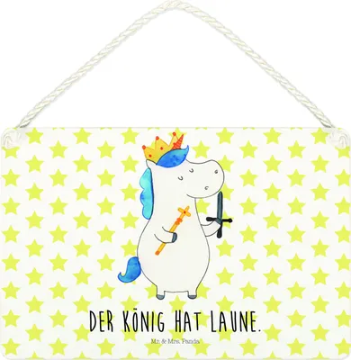 Produktbild von Mr. & Mrs. Panda Schild Einhorn König mit Schwert DIN A4 - Weiß - Geschenk, Einhörner, Unicorn, kleine aufmerksamkeit, Mittelalter, Ritter, Türschild, holzbild, wandtafel