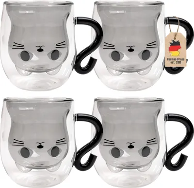 Produktbild von Intirilife 4x Thermo Glas Doppelwandig mit Design Katze in Schwarz - 200ml Füllmenge - Isolierte Tassen Becher aus Glas hitzebeständig für kalte und heiße Getränke Kaffeetasse Teetasse Trinkglas