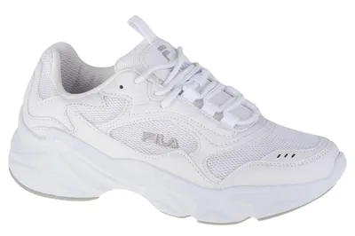 A white Fila women's sneaker is shown from the side against a white background.