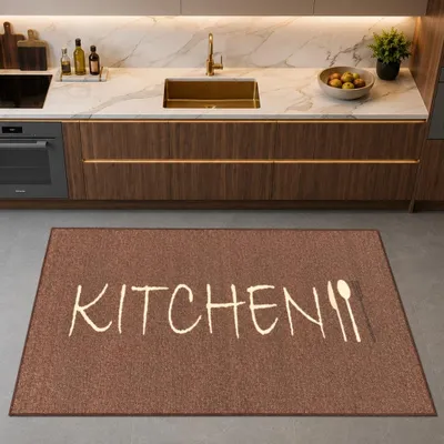 Immagine prodotto di Tappeto moderno per cucina con motivo grafico e colori caldi, color marrone. Dimensioni: 80 x 150 cm