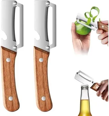 Produktbild von 2 Stück Multifunktionaler Küchen Schäler mit Holzgriff Gemüseschäler und Flaschenöffner für Obst Gemüse und Picknick Langlebiges Schälwerkzeug