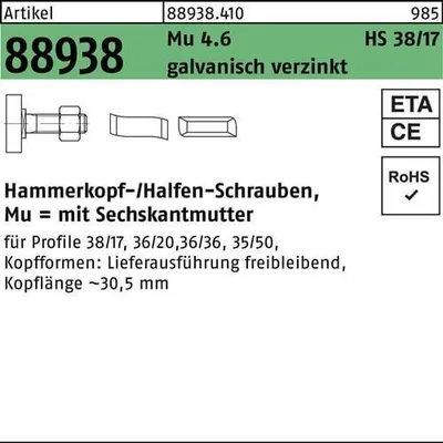 Produktbild von Hammerkopfschraube R 88938 Typ 38/17 6-kantmutter M 10 x 30 Mu 4.6 galvanisch verzinkt
