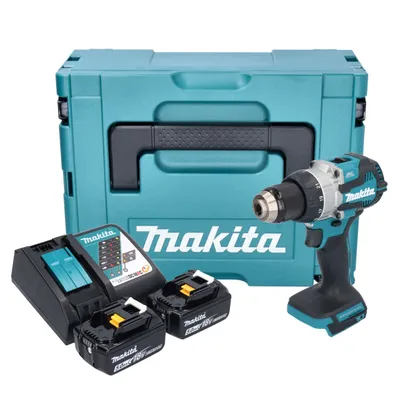 A Makita cordless drill set with batteries, charger, and a teal storage case.