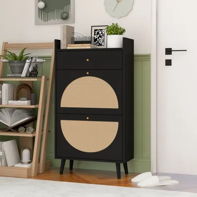 Produktbild von MODFU Schuhschrank Schuhregal mit 2 Türen und 1 Schublade mit doppeltes Regal Rattan-Optik Beistellschrank Schuhkommode ohne Rückwand,Kommode Schwarz
